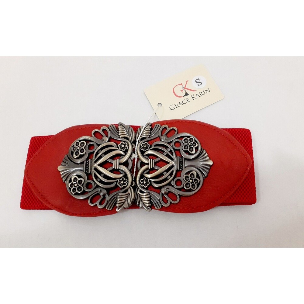 NEW Grace Karin Women's Stretch Belt Red Retro Metal Flower Buckle Boho Preppy